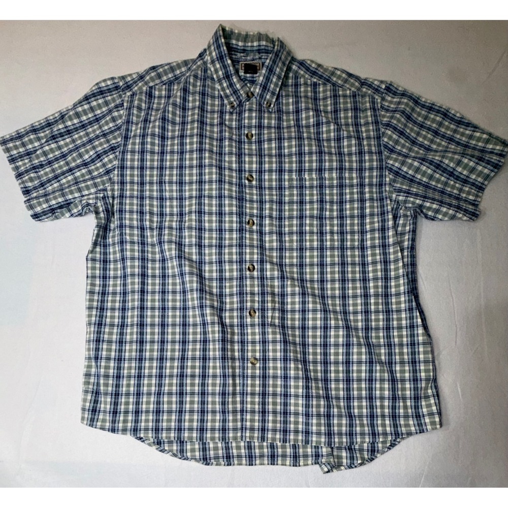 Arizona Jean Co Button Down Shirt Mens size L Blue Green Plaid Short Sleeve